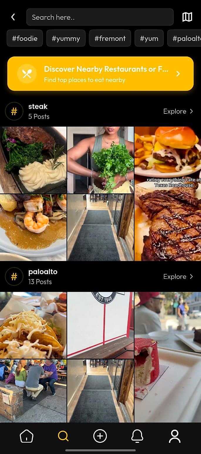 Foodie explore with hashtags and Discover Nearby Restaurants