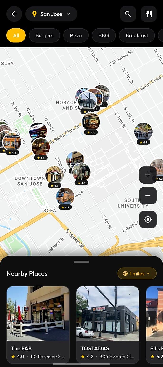 Foodie map of nearby places in San Jose